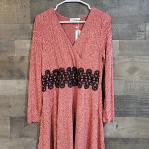 DressFo NWT Red Heathered Knit Faux Wrap Midi Dress with Black Lace Waist Decal
